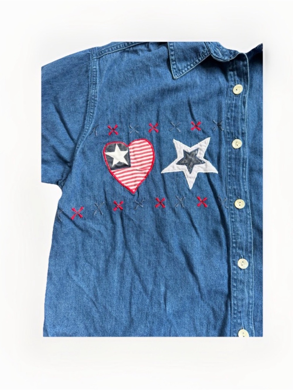 Vintage Patriotic Embroidered Denim Button Up Shirt July 4 Grandmacore Festival - Picture 3 of 9
